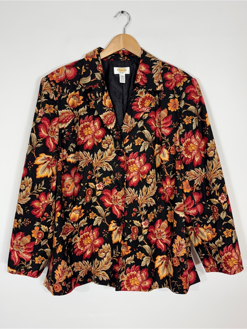 WJT50 {Talbots} Black Red Orange Floral Suit Coat Blazer
